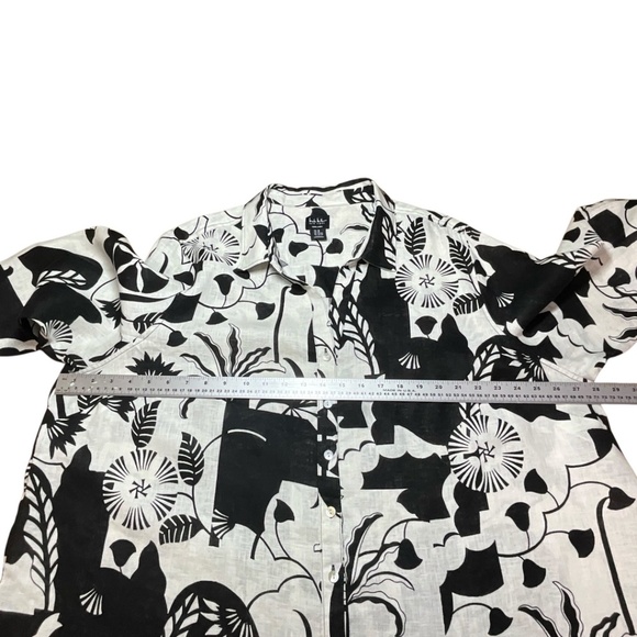 NICOLE MILLER 100% Linen Black & White Floral Print Roll Tab Sleeve Shirt Sz 3X - Picture 6 of 10